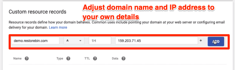 Adding A Type records in DNS Settings for point domain name to IP Address