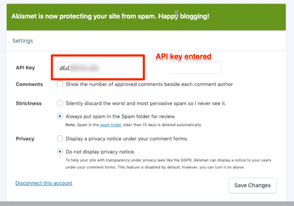 Akismet API Key Configured 