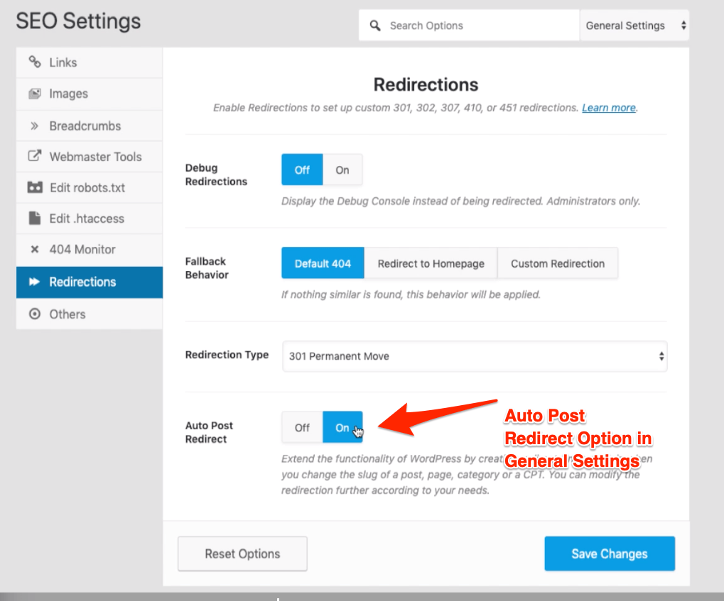 Auto Post Redirect Option in General Settings Rank Math