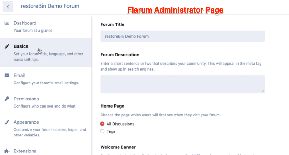 Flarum Administrator Page for new installation
