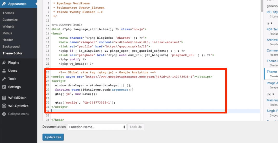 Google Analytics Tracking Code in WordPress header.php file