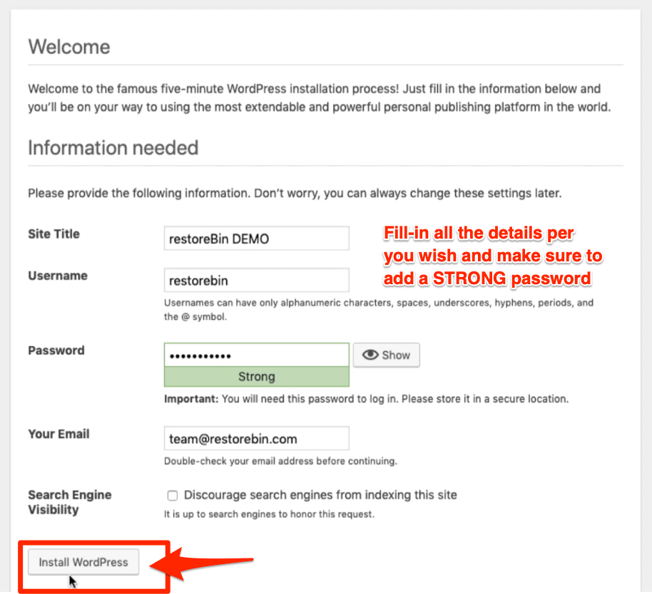 Install WordPress - Account Details Setup