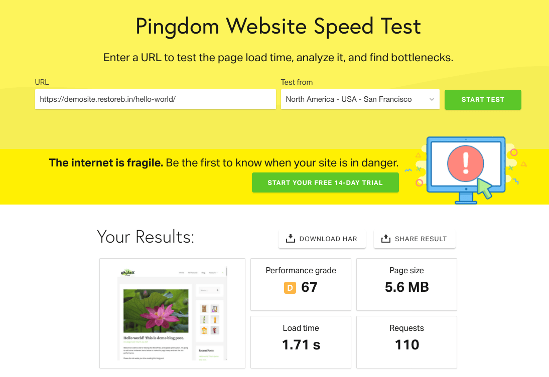 Pingdom Test Performance Result for HDD storage on GCP