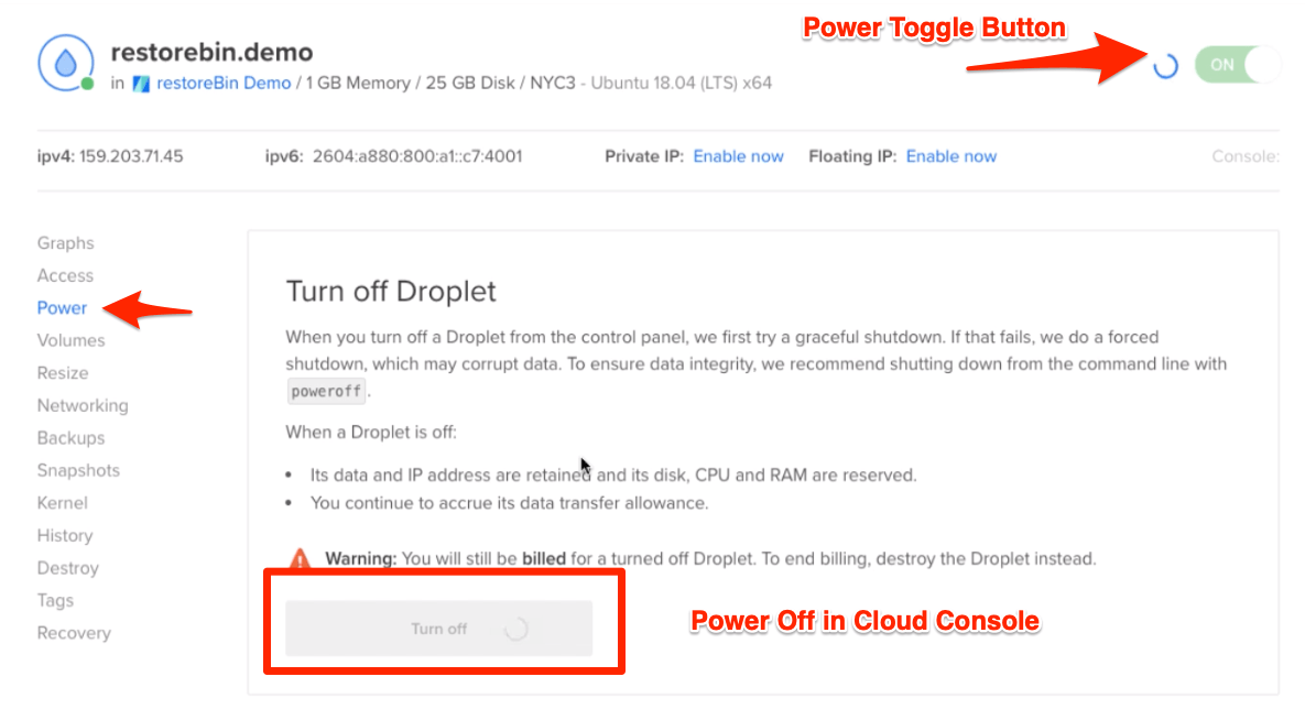 Power Off Cloud Console in DigitalOcean 