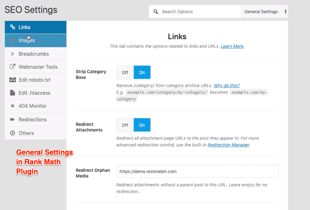 Rank Math General Settings for Links, Images, Breadcrumbs