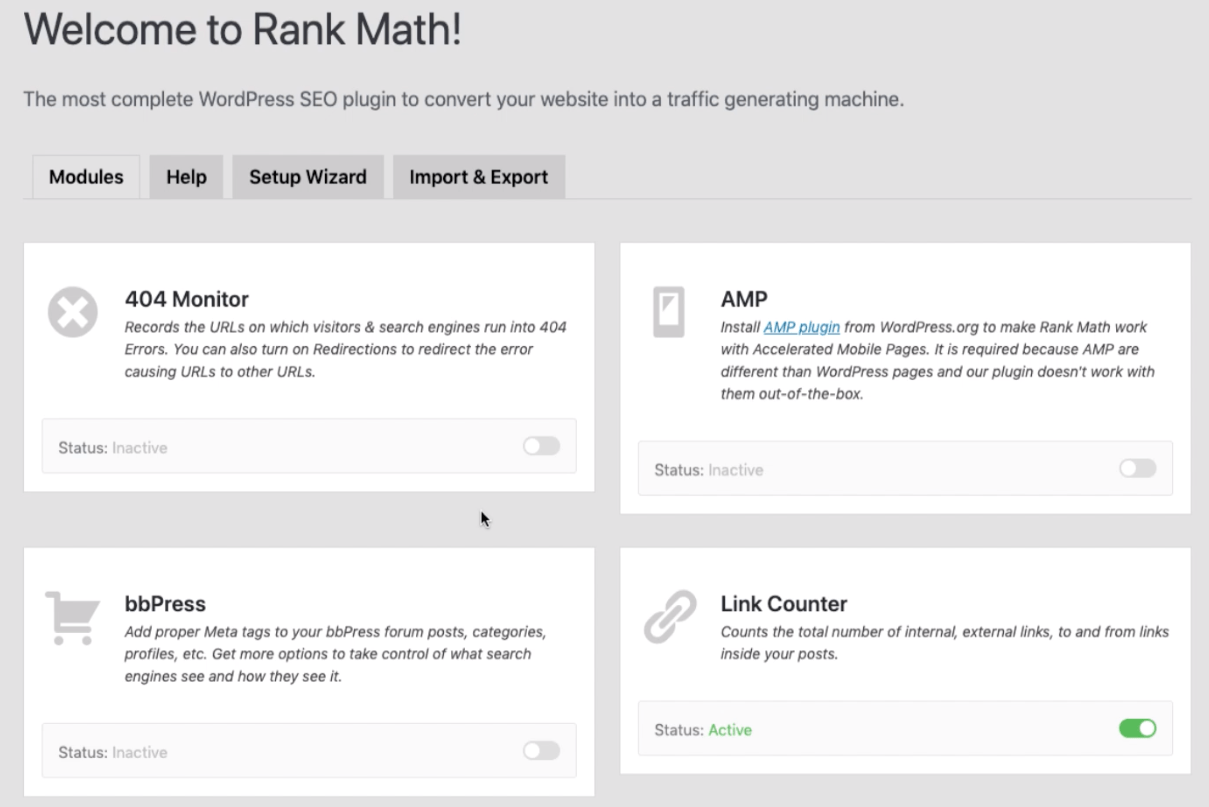 Rank Math Plugin Dashboard with Modules