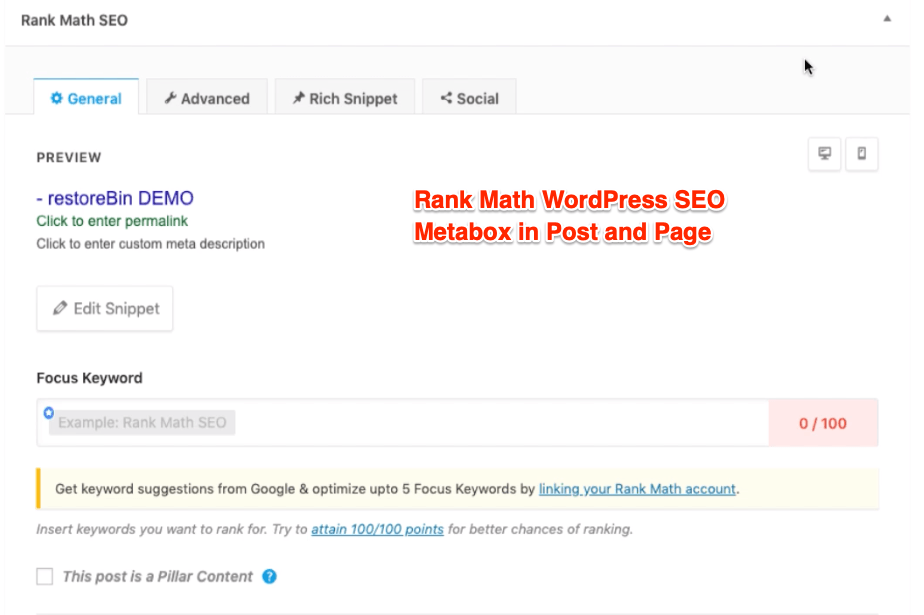 Rank Math WordPress SEO Metabox in Post and Page 