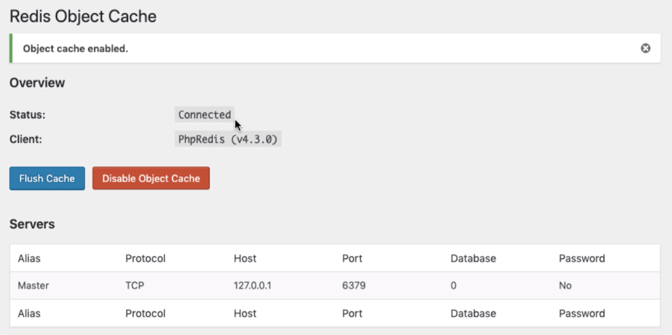 Redis Object Cache Enabled in WordPress