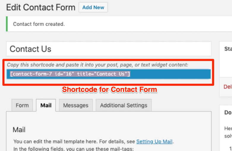 Shortcode for Contact Form 