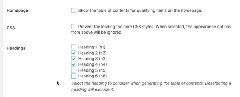 Table of Contents Plugin Header Selection