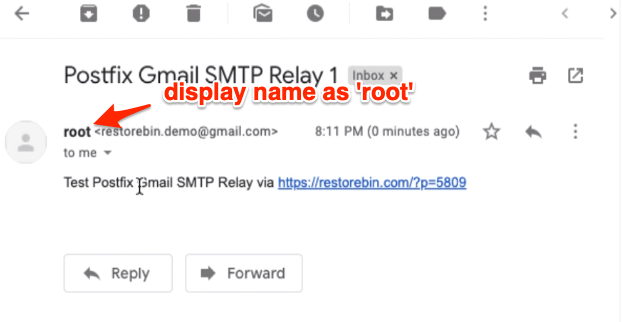 Test Email received from root display name Postfix SMTP