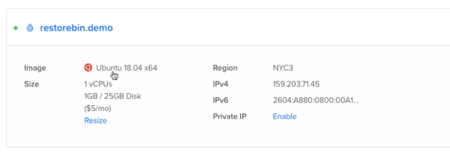 Ubuntu Cloud Server Droplet Details in DigitalOcean