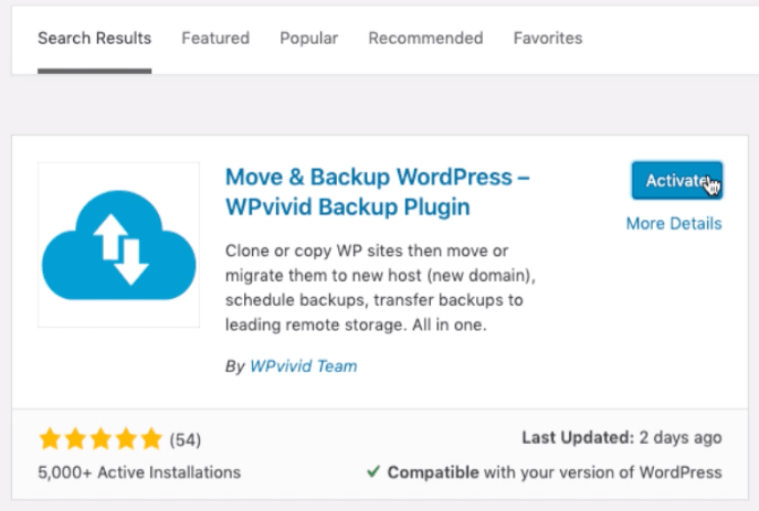 WPvivid Backup plugin activation in WordPress