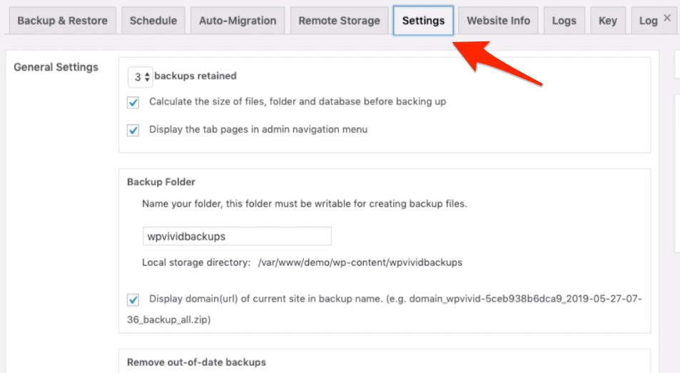 WPvivid backup plugin additional settings