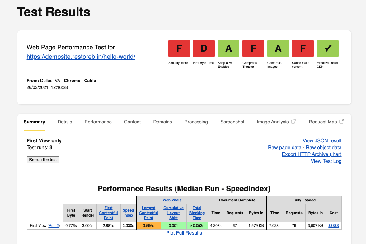 WebPageTest Performance Result for HDD storage on GCP