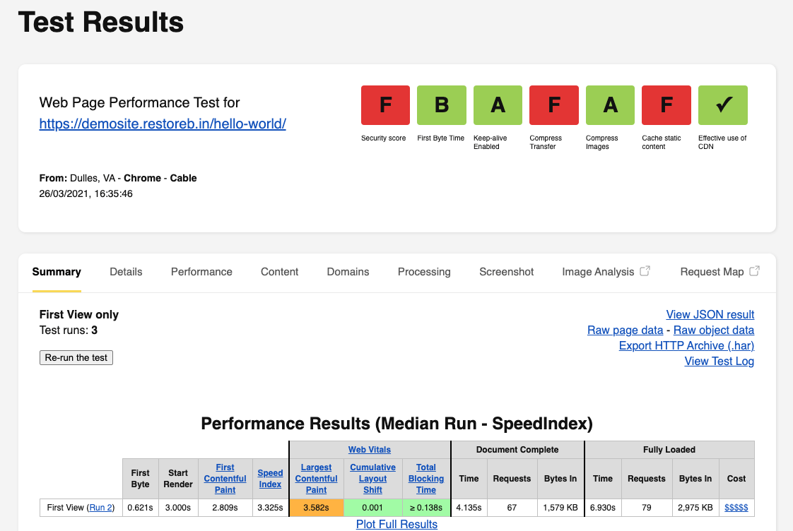 WebPageTest Performance Result for SSD storage on GCP