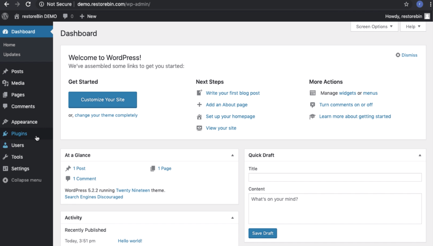 WordPress Dashboard - First Time Login after Installation