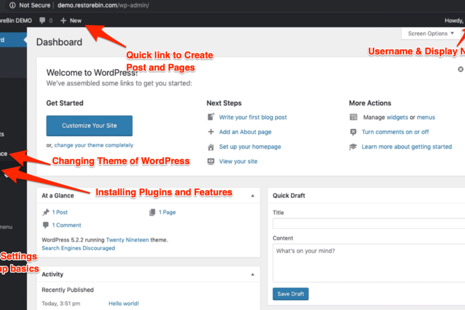 WordPress Login: Dashboard and Settings at First login 19