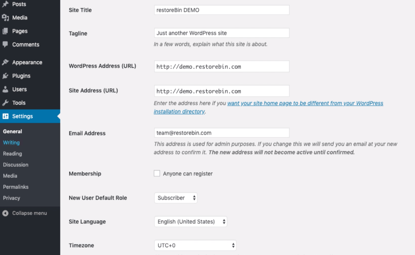 WordPress General Sub-Menu Settings