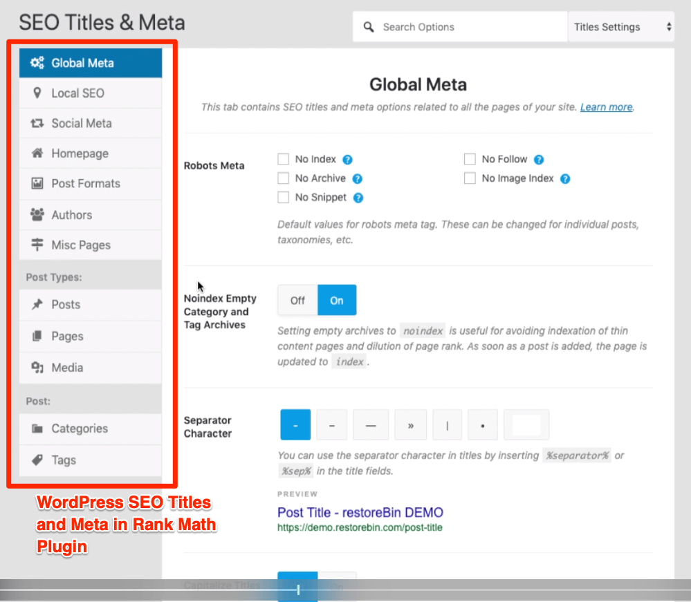 WordPress SEO Titles and Meta in Rank Math Plugin