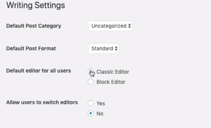 Writing Settings - Classic and Block Editor